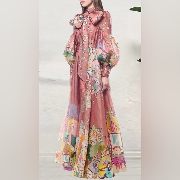 Lena Vie Boho Full Mauve Bow Collar Shift Maxi Dress With Lantern Sleeves - Picture 4 of 6